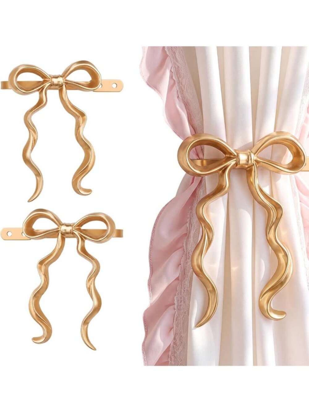 Elegant Gold Bow Curtain Holdbacks - 2 Pcs Metal Tiebacks for Stylish Drapery